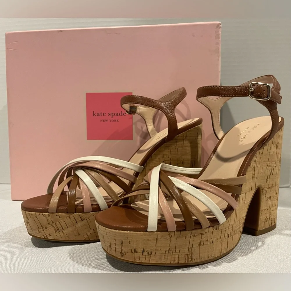 KATE SPADE New York Multi Toast Tan Glow Leather Cork Platform Heel Womens 7.5